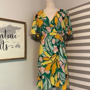 Green Floral Wrap Dress with Yellow & Pink Accents